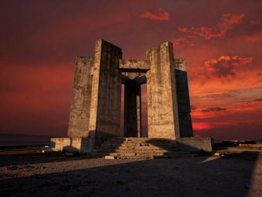 Atmospheric wide panoramic shot of an abandoned concrete monument in North Macedonia at sunset, harsh shadows, rich red and amber tones