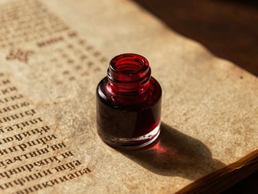 Extreme macro photography of old Cyrillic manuscript ink on textured parchment, warm golden lighting, dramatic chiaroscuro