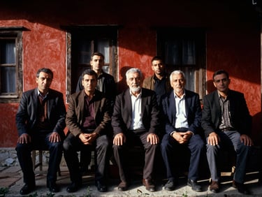 Chiaroscuro group portrait of cultural researchers in an old Macedonian house, dramatic harsh lighting, deep shadows, 35mm film grain
