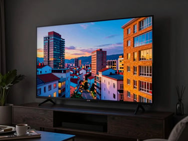 Vista de cerca de una pantalla JVC de 65 pulgadas mostrando colores cinematográficos vibrantes, reflejándose suavemente en una sala de estar moderna y oscura en Bogotá, iluminación de alto contraste.
