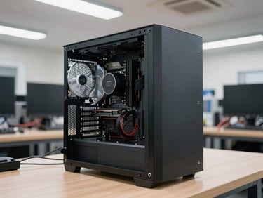 Wide-angle view of an open desktop PC tower on a clean workshop bench, interior components visible, bright even overhead lighting, organized cabling in background