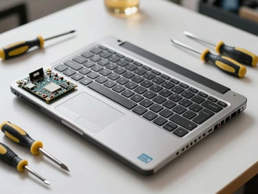 Close-up of a disassembled laptop on a bright workshop table, keyboard removed and motherboard exposed, precision screwdrivers laid out beside it, clean daylight illumination