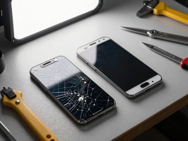 Overhead shot of a cracked smartphone face-up on a workshop bench next to a fresh replacement screen, organized tools in background, bright studio lighting from above