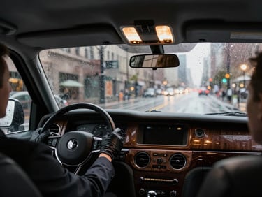 Wide shot inside a luxury vehicle, chauffeur's gloved hands steady on the steering wheel, rearview mirror reflecting the amber glow of Chicago street lights through rain-streaked rear window, dashboard instruments barely visible in low light, cinematic and controlled