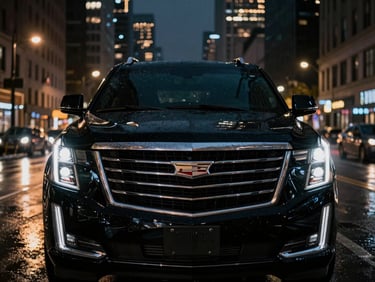 Cinematic low-angle shot of a glossy black Cadillac Escalade on a rain-wet Chicago street at night, city tower lights reflecting in the hood, vehicle occupying the full frame width, no passengers visible