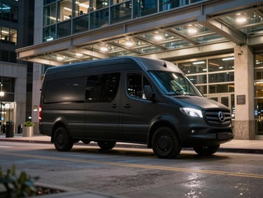 Wide cinematic frame of a matte-black Mercedes-Benz Sprinter parked under a glass-and-steel Chicago office tower entrance at night, streetlight raking along the vehicle's roofline, wet concrete foreground, no passengers