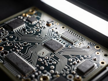 Ultra-close macro shot of intricate circuit board patterns in a clean room, harsh white light, sharp technical focus.