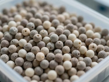 Close-up of raw industrial polymer pellets in a clean laboratory setting, bright industrial lighting, sharp detail on material grades.
