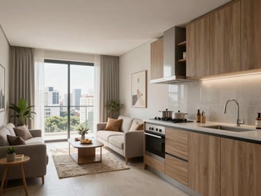 Compact studio apartment in São Paulo, integrated kitchen and living area, large window with city view, natural daylight, clean and functional