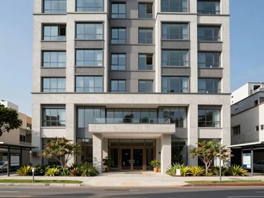 Entrance facade of a new residential building in São Paulo under clear daylight, clean concrete and glass facade, landscaped ground floor, bus stop visible on the adjacent street