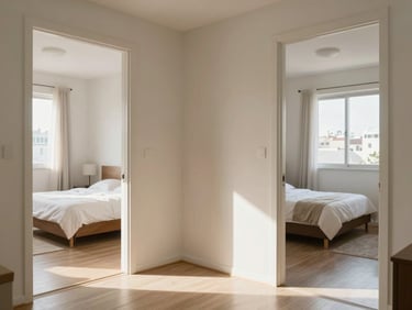 Bright São Paulo apartment living room with two bedrooms visible through doorways, afternoon light, tidy and modest, real residential feel