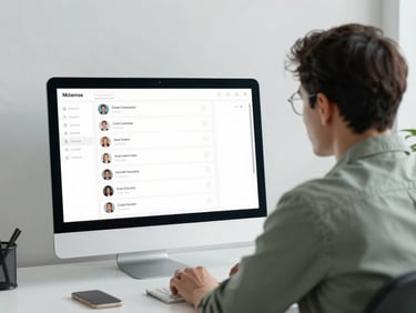 Over-the-shoulder shot of a relaxed operations manager looking at a clean, minimalist software interface displaying automated customer support chats. Clean editorial photography, soft natural daylight, minimalist workspace, muted slate and sage tones, 35mm lens.