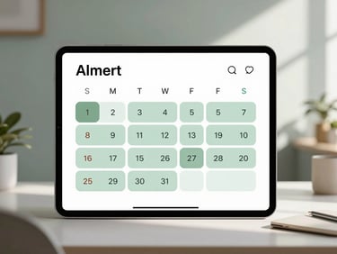 A simplified calendar booking screen displaying automated appointments scheduled by an AI agent. Clean editorial photography, soft natural daylight, minimalist workspace, muted slate and sage tones, 35mm lens.