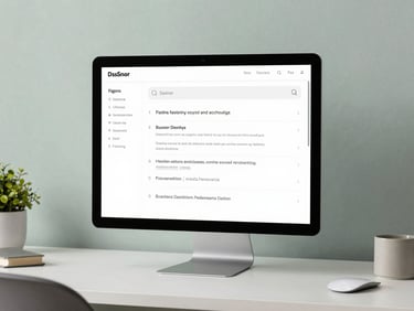 An organized digital workspace showing a document search interface with automated summaries. Clean editorial photography, soft natural daylight, minimalist workspace, muted slate and sage tones, 35mm lens.