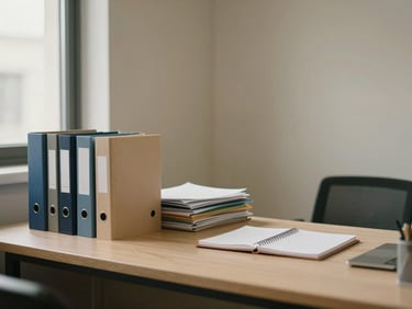 Clean consultation office interior, a desk with organized folders and a notepad, diffuse natural light from a window, neutral warm walls, no people, calm and clinical
