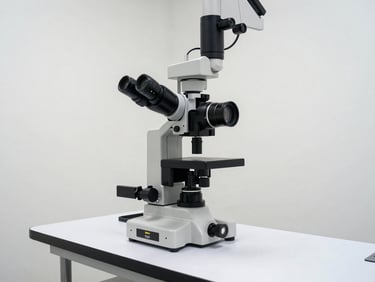 Clinical ophthalmology examination room interior, slit-lamp biomicroscope on a clean desk, diffuse overhead lighting, white walls, no people, precise and organized
