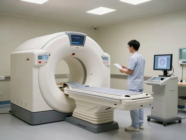 Wide environmental shot of a radiology suite interior, an imaging technician standing beside a CT scanner console reviewing a monitor, diffuse overhead lighting, clinical environment, no patient present