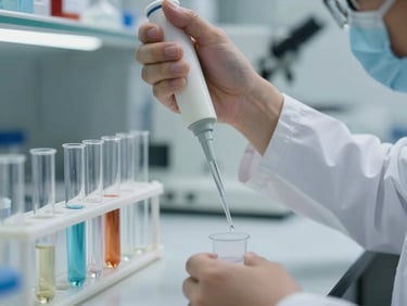Close-up detail of a laboratory analyst pipetting a sample under controlled lighting in a modern lab, clean countertop with test tubes arranged in a rack, diffuse even light, no face visible