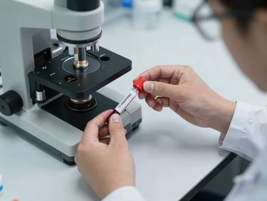 Overhead clinical-angle shot of a laboratory specialist's hands handling a blood sample tube over a diagnostic workstation, even diffuse studio lighting, clean white surface, no face visible