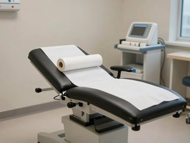 Pediatric clinic examination room, child-scale examination table with clean white paper roll, even diffuse lighting, soft neutral walls, medical equipment neatly arranged, no people