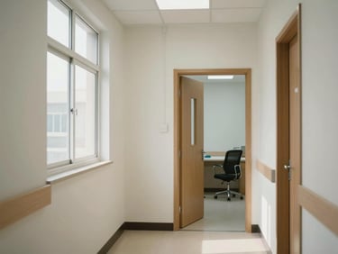 Clean specialist clinic corridor interior, evenly lit with diffuse natural light from a side window, consultation room door open in background, no people present