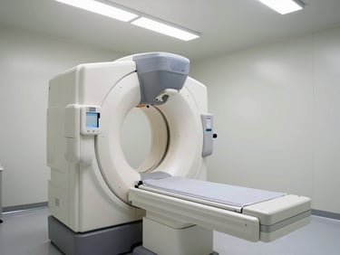 Wide clinical angle of a mammography machine positioned in a clean white imaging room, diffuse overhead fluorescent light, equipment fills the frame, no human subjects