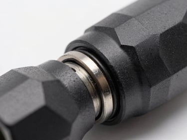 Macro studio shot of a sealed joint on the M1 flashlight, showing the precise fit and gasket, neutral diffused lighting, sharp focus on the seal, 50mm.