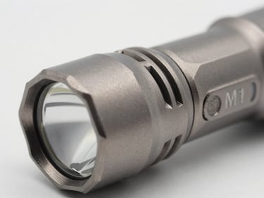 Close-up studio shot of the M1 flashlight's titanium body, highlighting the integrated heat sink fins, neutral diffused lighting, sharp focus on material execution, 50mm.