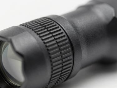 Extreme macro studio shot of the M1 flashlight's knurled texture, showing the precise machining and matte finish, neutral diffused lighting, sharp focus on tactile surface, 50mm.