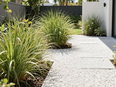 Wide, airy modern residential garden with clean gravel paths, lush native Florida ornamental grasses, bright high-key morning light