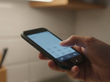 Close-up of a hand tapping a confirmation button on a mobile phone, shallow depth of field, warm indoor light, tiled kitchen wall softly blurred in background