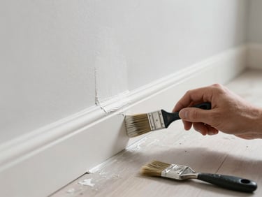 Painter's hand applying a clean edge of white paint along a baseboard, natural daylight from the right, sharp detail on the bristles meeting the wall, completed section visible behind, tools on clean floor surface