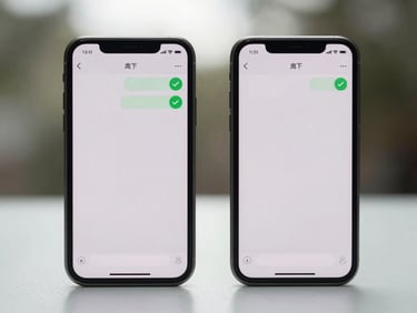 Two smartphones side by side on a clean white surface showing a chat confirmation screen with a green match indicator, natural overcast light from above