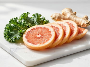 A clean marble cutting board with freshly sliced grapefruit, bright green kale leaves, and ginger root, sparkling droplets of water, crisp morning sun casting soft shadows