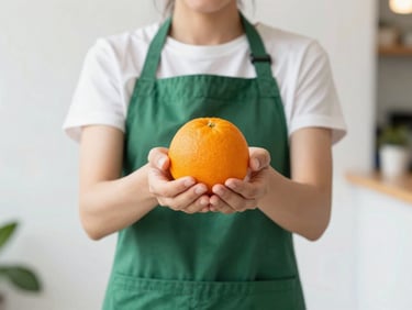 Candid shot of a smiling local café owner in a clean green apron, holding a fresh orange, bright natural outdoor light