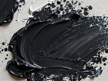 Extreme macro photograph of thick, textured black and white oil paint on canvas, showing deep ridges, brush bristles marks, and natural gallery lighting casting subtle shadows.