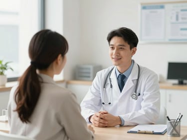 Bright modern clinical interior, professional doctor-patient consultation room, soft natural lighting