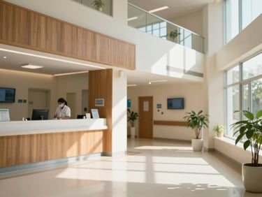 Bright editorial healthcare photography of a modern, sunlit Indian hospital lobby with warm wood accents and clean architectural lines, soft natural daylight.