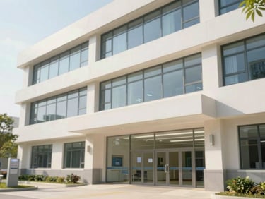 A modern clean hospital exterior facade, bright daylight, professional architectural photography