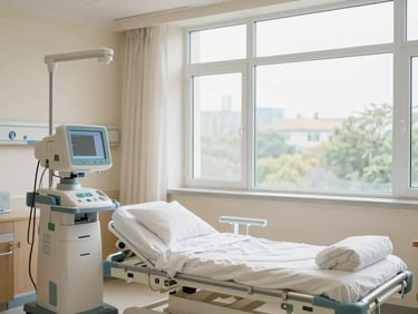 Serene hospital recovery room with large windows, soft daylight, high-tech medical equipment