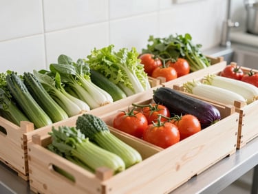 Neatly organized wholesale crates of fresh, vibrant vegetables and prepped ingredients in a clean, bright commercial kitchen, high-key natural daylight