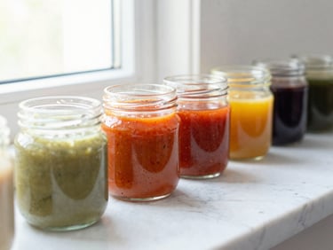 Row of clear glass jars filled with vibrant, small-batch specialty sauces on a clean marble countertop, soft morning light filtering through a window