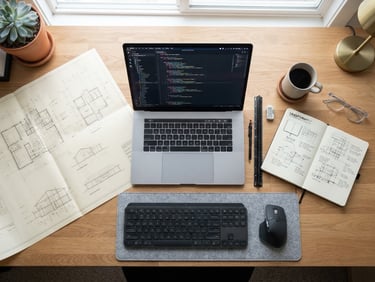 Overhead flat-lay of a modern desk with architectural blueprints, a laptop displaying code, and a clean notebook, bright natural light with soft shadows