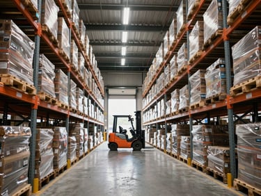 Wide-angle view down a warehouse storage aisle, tall racking systems loaded with pallets, a forklift visible mid-aisle under overhead fluorescent lighting, daylight entering from loading dock doors at far end