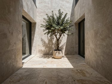 A luxurious courtyard of a modern house, travertine stone floors, a single olive tree in a minimalist planter, dramatic shadows on the textured walls.