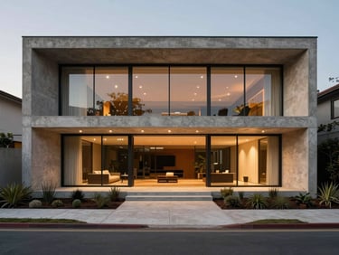 Dramatic wide-angle architectural shot of a concrete and glass residence facade, warm interior lights glowing, surrounded by minimalist landscaping.