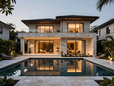 Completed luxury modern residential villa with integrated lush landscaping, reflecting pool, warm evening lighting, architectural symmetry.