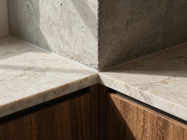 Close-up of architectural material junction, raw concrete meeting polished travertine stone and dark oak wood, sharp natural side light.