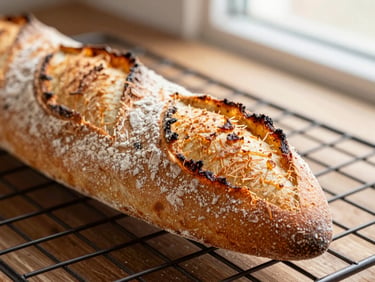 Macro shot of a crusty French baguette, deeply caramelized grigne, flour-dusted on a dark wooden cooling rack, warm bakery lighting.