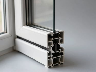 Macro side-lit studio shot of a UPVC multi-chamber window profile cross-section on a light grey surface, north-facing daylight from the left revealing chamber geometry and weatherseal groove detail with absolute dimensional clarity